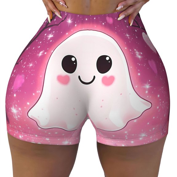 Seamless Workout Shorts Women - Halloween Pink Cute Ghost Biker Gym Running Yoga Spandex Shorts for Women