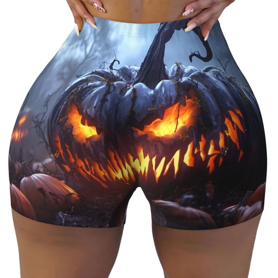 Seamless Workout Shorts Women - Halloween Pumpkin Monster B Biker Gym Running Yoga Spandex Shorts for Women