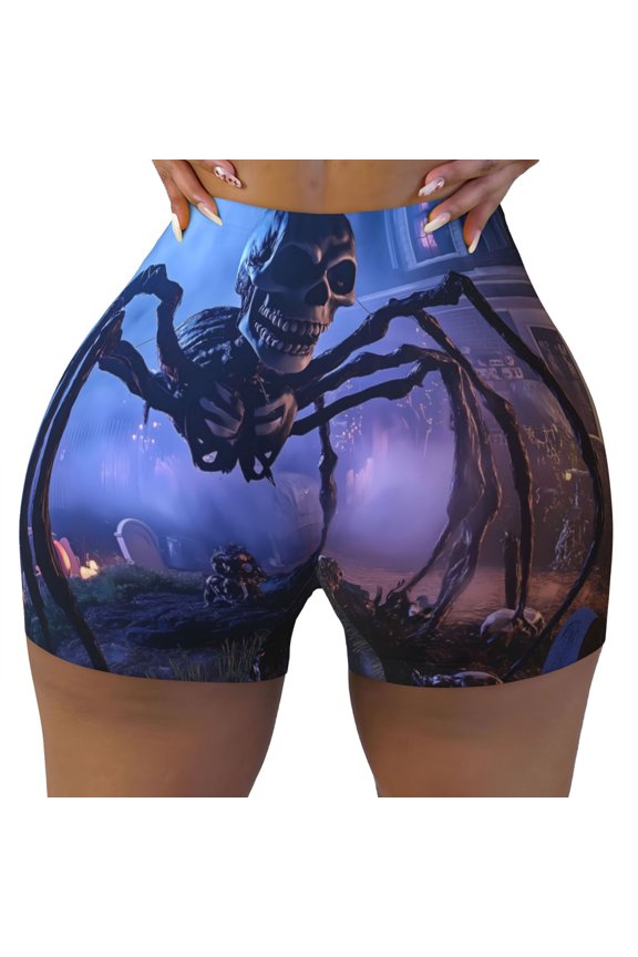 Seamless Workout Shorts Women - Halloween Skeleton Spider Biker Gym Running Yoga Spandex Shorts for Women