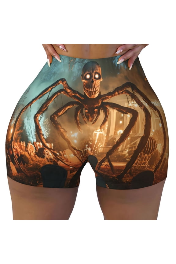 Seamless Workout Shorts Women - Halloween Spider Skull Monster Biker Gym Running Yoga Spandex Shorts for Women