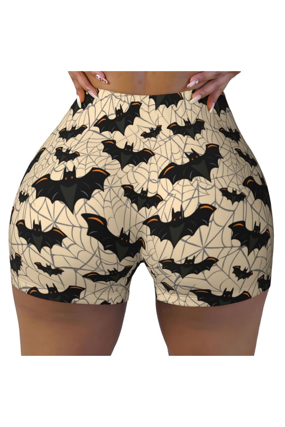 Seamless Workout Shorts Women - Halloween gothic Bats Spiderwebs Biker Gym Running Yoga Spandex Shorts for Women