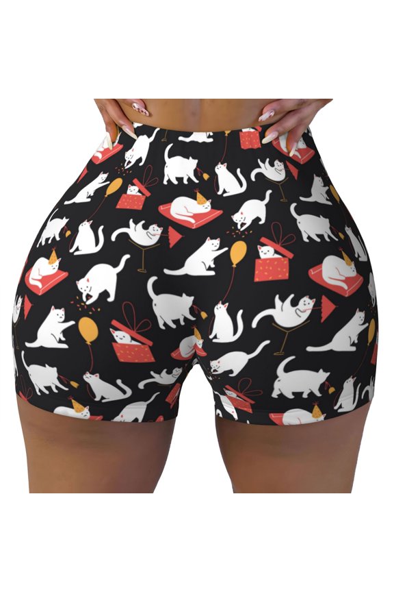 Seamless Workout Shorts Women - Hand Drawn Cartoon Gift Cat Biker Gym Running Yoga Spandex Shorts for Women