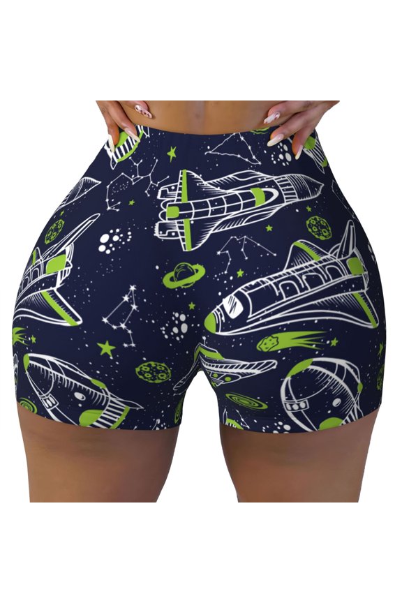 Seamless Workout Shorts Women - Hand Drawn Rockets Biker Gym Running Yoga Spandex Shorts for Women