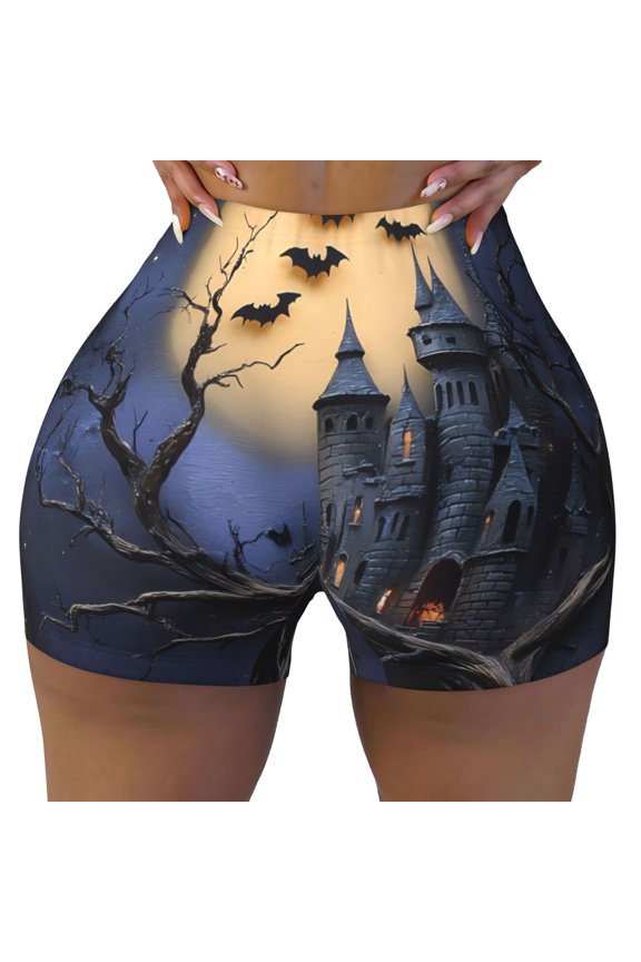Seamless Workout Shorts Women - Haunted Castle Under Moon Biker Gym Running Yoga Spandex Shorts for Women
