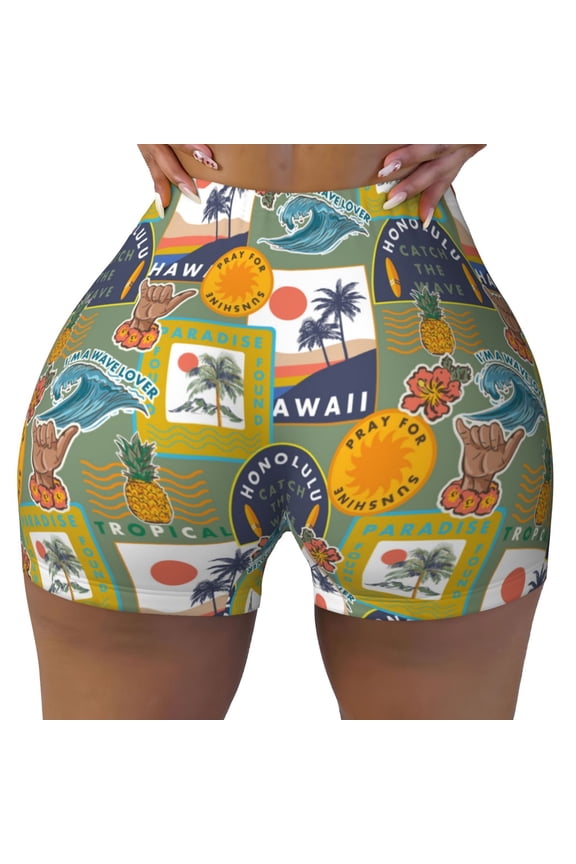 Seamless Workout Shorts Women - Hawaiian Style Pineapple Waves Biker Gym Running Yoga Spandex Shorts for Women