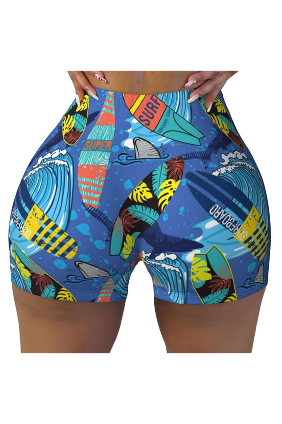 Seamless Workout Shorts Women - Hawaiian Style Shark Wave Skateboard Biker Gym Running Yoga Spandex Shorts for Women