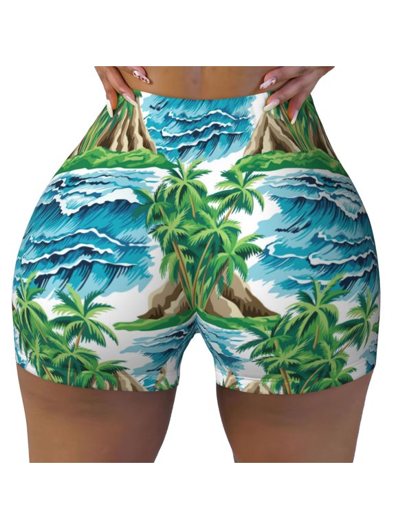 Seamless Workout Shorts Women - Hawaiian Style Waves Biker Gym Running Yoga Spandex Shorts for Women