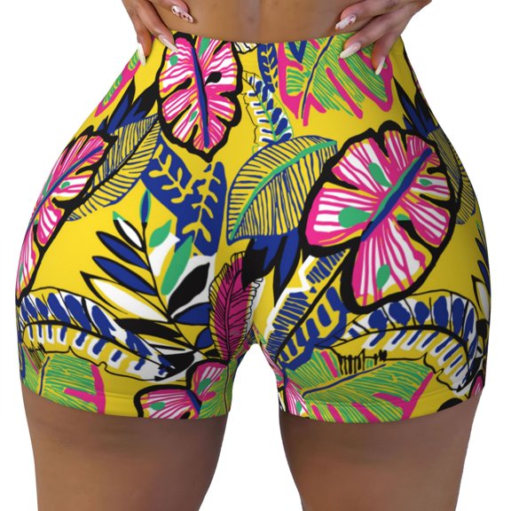 Seamless Workout Shorts Women - Hawaiian Style Yellow Pink Biker Gym Running Yoga Spandex Shorts for Women