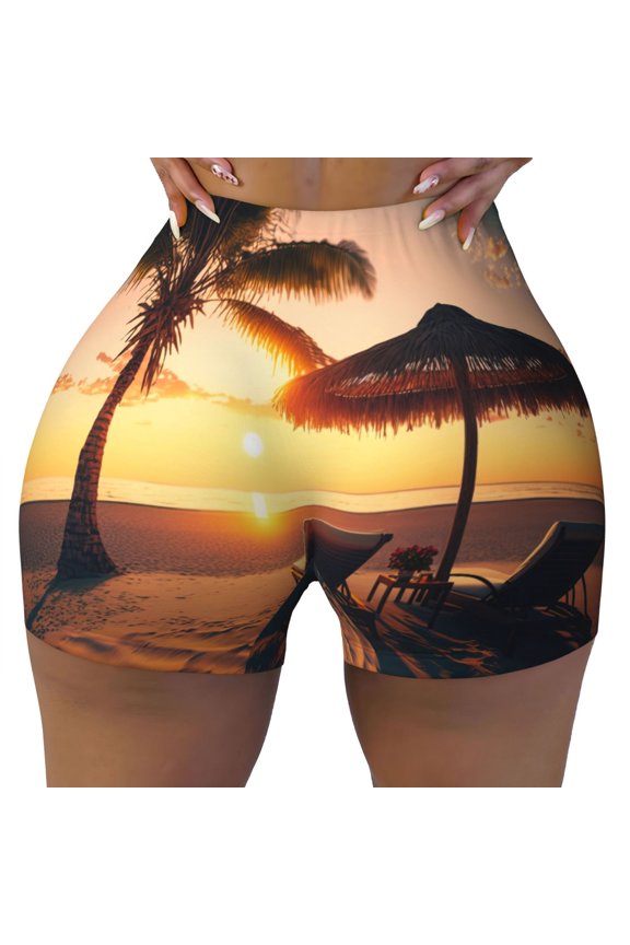 Seamless Workout Shorts Women - Hawaiian Sunset Beach Biker Gym Running Yoga Spandex Shorts for Women