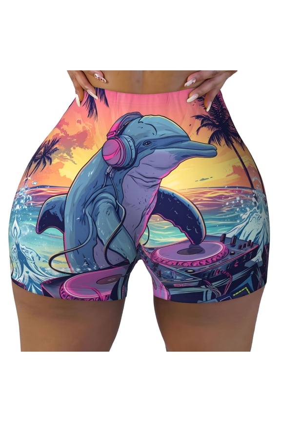 Seamless Workout Shorts Women - Hip-Hop DJ Dolphin Biker Gym Running Yoga Spandex Shorts for Women