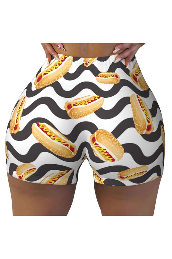 Seamless Workout Shorts Women - Hot Dog Print Wave Black Biker Gym Running Yoga Spandex Shorts for Women