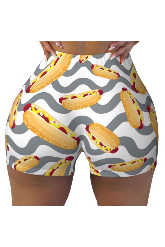Seamless Workout Shorts Women - Hot Dog Print Wave Gray Biker Gym Running Yoga Spandex Shorts for Women