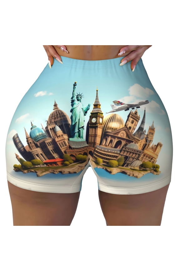 Seamless Workout Shorts Women - Iconic Global Landmarks Biker Gym Running Yoga Spandex Shorts for Women