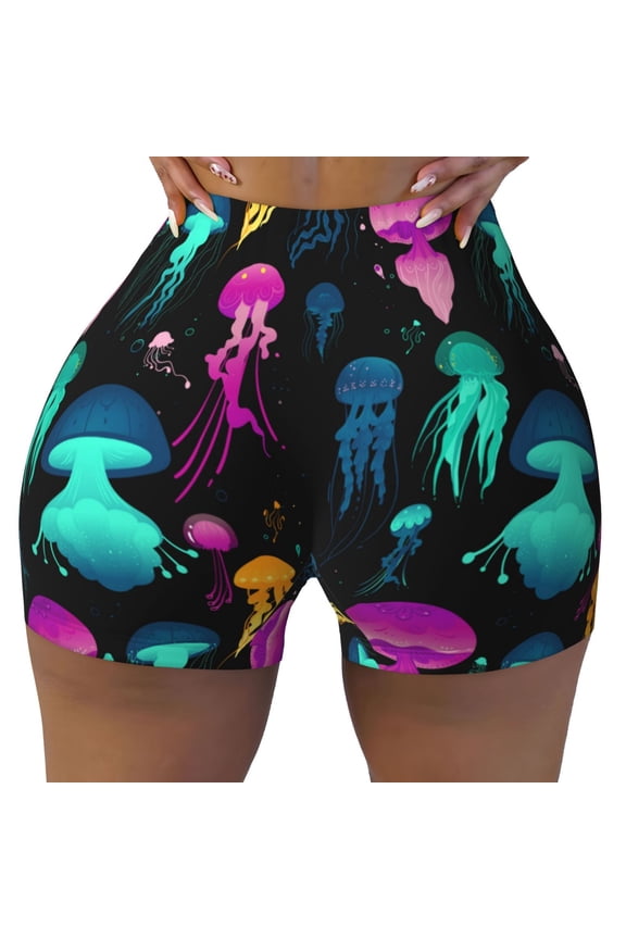 Seamless Workout Shorts Women - Jellyfish Pattern No.9027 Biker Gym Running Yoga Spandex Shorts for Women