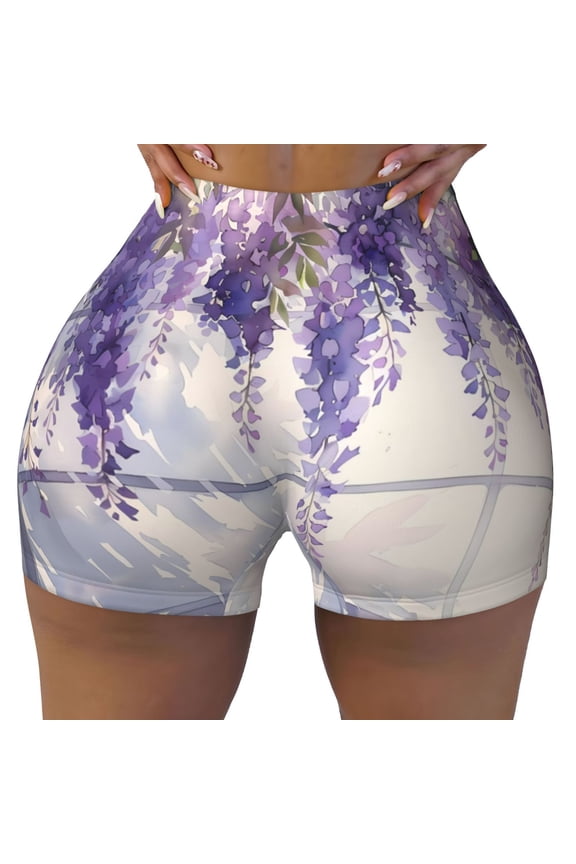 Seamless Workout Shorts Women - Lavender Blooms Window Biker Gym Running Yoga Spandex Shorts for Women