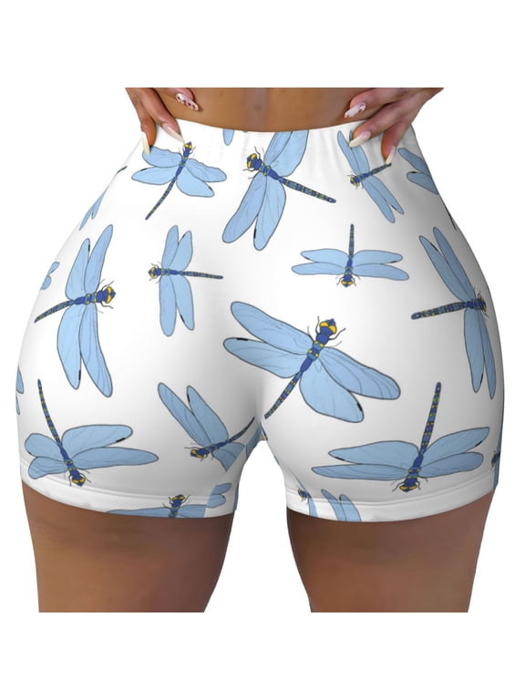 Seamless Workout Shorts Women - Light Blue Dragonfly Biker Gym Running Yoga Spandex Shorts for Women