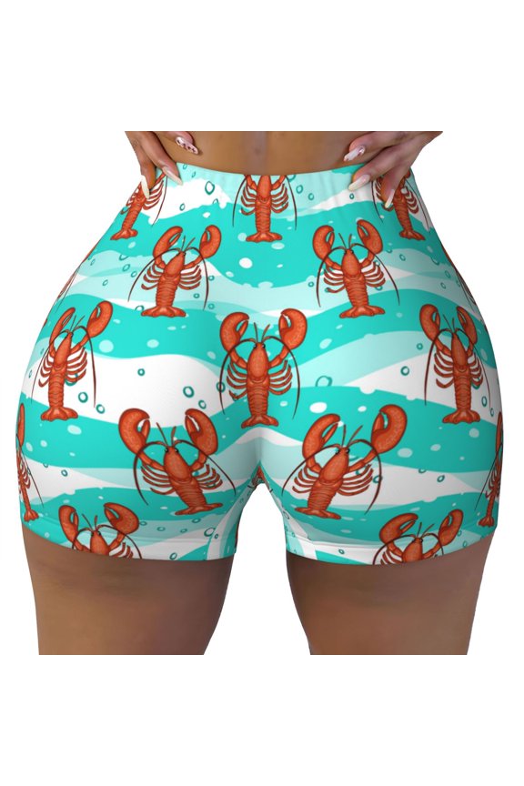 Seamless Workout Shorts Women - Lobsters Of Turquoise Waves Biker Gym Running Yoga Spandex Shorts for Women