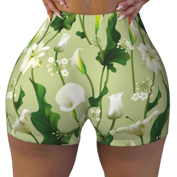 Seamless Workout Shorts Women - Lotus Leaves Calla Lily Flowers Biker Gym Running Yoga Spandex Shorts for Women