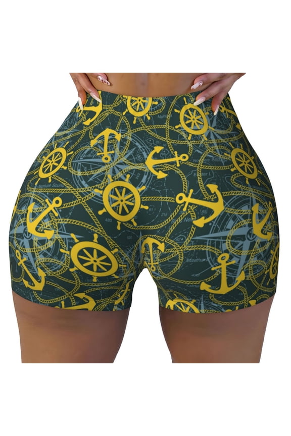 Seamless Workout Shorts Women - Marine Anchors And Compass Biker Gym Running Yoga Spandex Shorts for Women