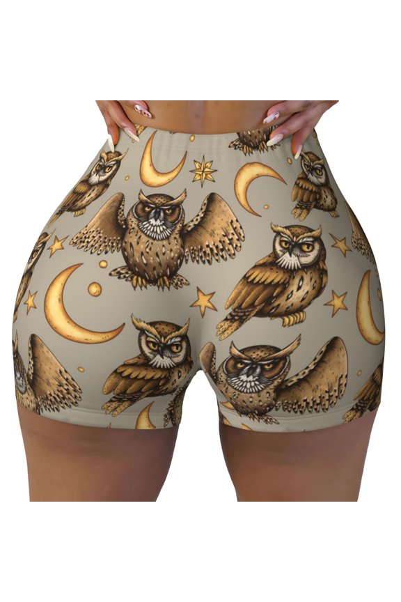 Seamless Workout Shorts Women - Moon Stars Owls Biker Gym Running Yoga Spandex Shorts for Women