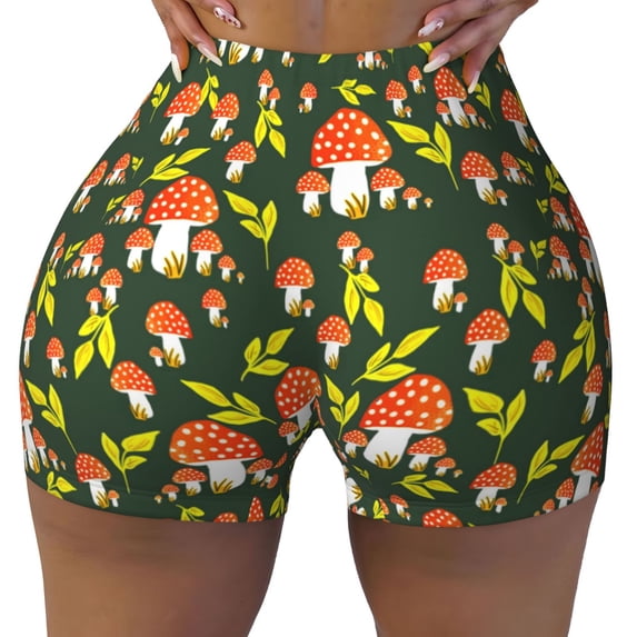 Seamless Workout Shorts Women - Mushroom Leaf Biker Gym Running Yoga Spandex Shorts for Women