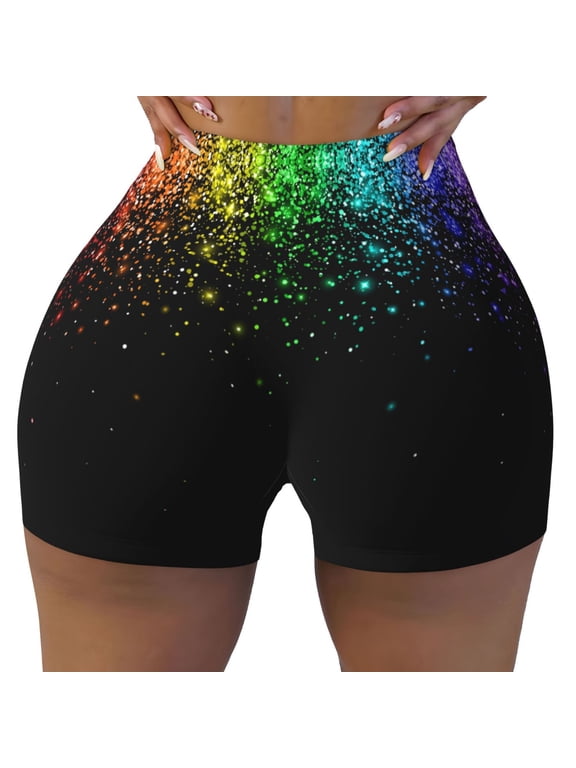 Seamless Workout Shorts Women - Night Rainbow Sparkles Biker Gym Running Yoga Spandex Shorts for Women