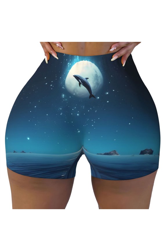 Seamless Workout Shorts Women - Night Sky Moon Dolphin Biker Gym Running Yoga Spandex Shorts for Women