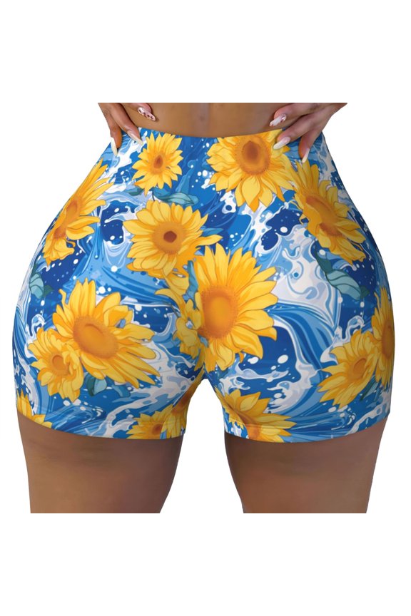 Seamless Workout Shorts Women - Ocean Wave Sunflower Biker Gym Running Yoga Spandex Shorts for Women