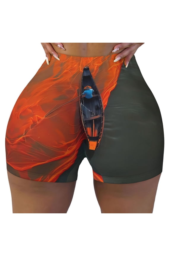 Seamless Workout Shorts Women - Orange Net Fishing Boat Biker Gym Running Yoga Spandex Shorts for Women