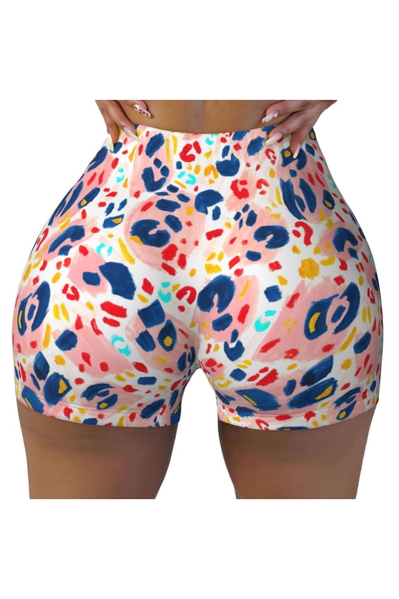 Seamless Workout Shorts Women - Painted Abstract Leopard Print Biker Gym Running Yoga Spandex Shorts for Women