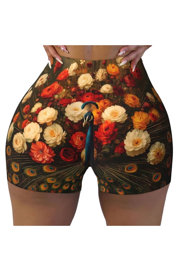 Seamless Workout Shorts Women - Peacock Floral Bloom Biker Gym Running Yoga Spandex Shorts for Women