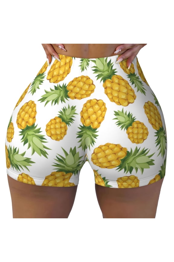 Seamless Workout Shorts Women - Pineapple print Biker Gym Running Yoga Spandex Shorts for Women