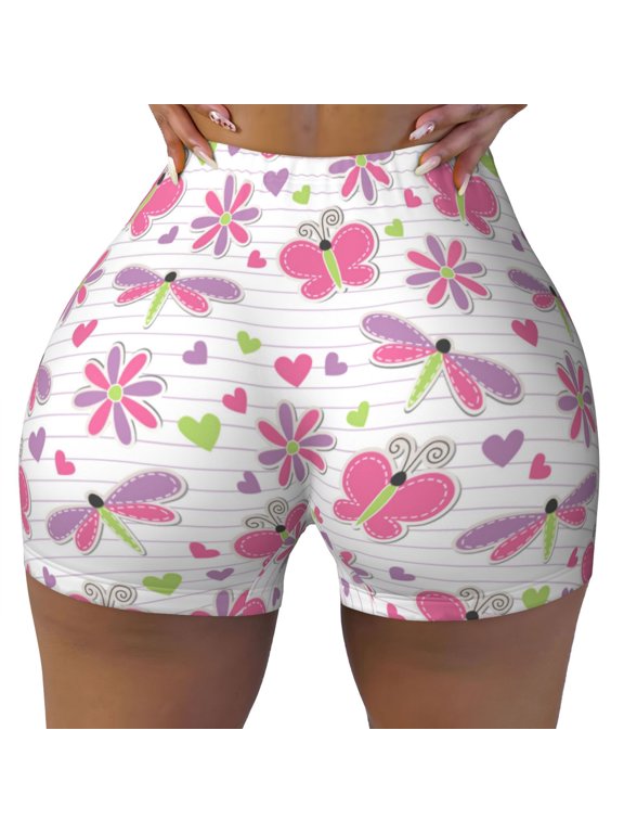 Seamless Workout Shorts Women - Pink Dragonfly Butterfly Flower Biker Gym Running Yoga Spandex Shorts for Women