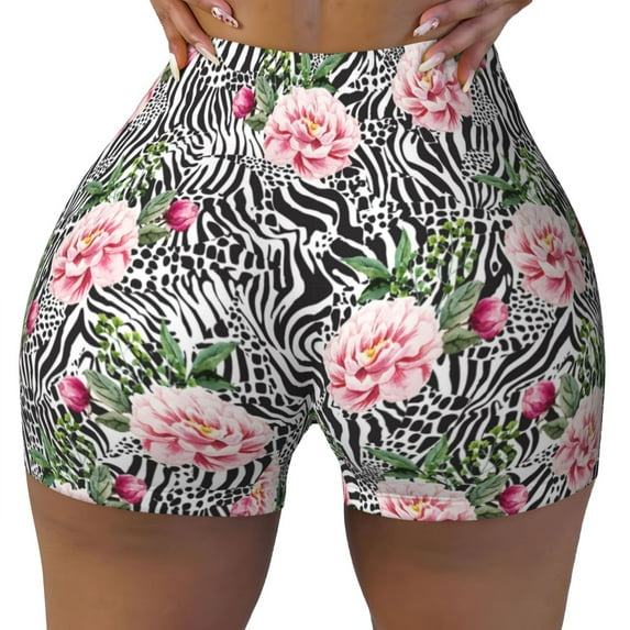 Seamless Workout Shorts Women - Pink rose Zebra print Biker Gym Running Yoga Spandex Shorts for Women