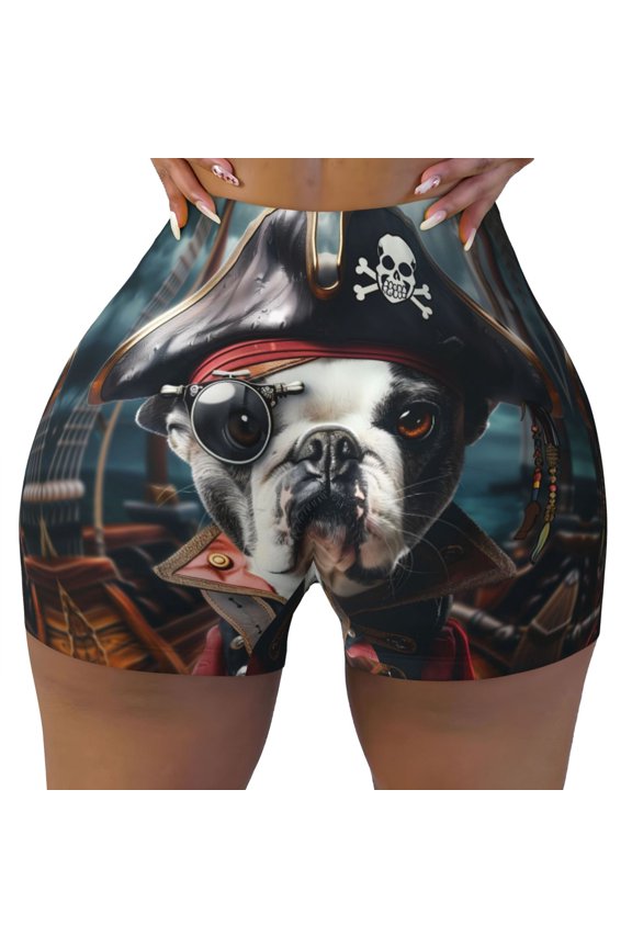 Seamless Workout Shorts Women - Pirate Bulldog On Deck Biker Gym Running Yoga Spandex Shorts for Women