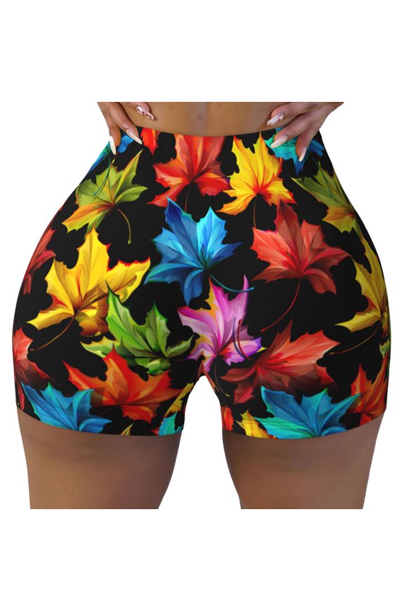 Seamless Workout Shorts Women - Rainbow Colorful Maple Leaves Biker Gym Running Yoga Spandex Shorts for Women