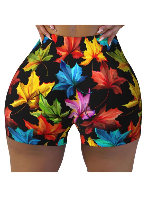 Seamless Workout Shorts Women - Rainbow Colorful Maple Leaves Biker Gym Running Yoga Spandex Shorts for Women