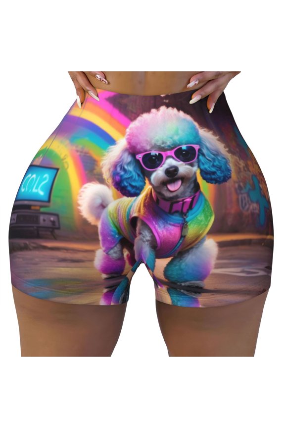 Seamless Workout Shorts Women - Rainbow Poodle Urban Street Biker Gym Running Yoga Spandex Shorts for Women