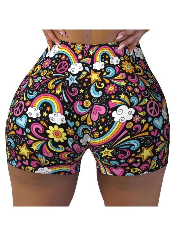 Seamless Workout Shorts Women - Rainbow Stars Hearts Biker Gym Running Yoga Spandex Shorts for Women