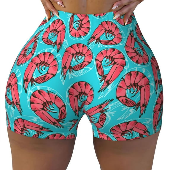 Seamless Workout Shorts Women - Red & Blue Lobster Print Biker Gym Running Yoga Spandex Shorts for Women