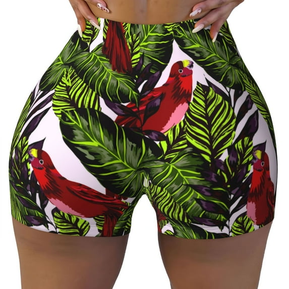 Seamless Workout Shorts Women - Red Cute Parrot Green Banana Leaf Biker Gym Running Yoga Spandex Shorts for Women