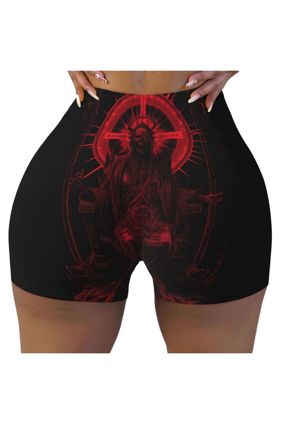 Seamless Workout Shorts Women - Red Gothic Skeleton Throne Biker Gym Running Yoga Spandex Shorts for Women