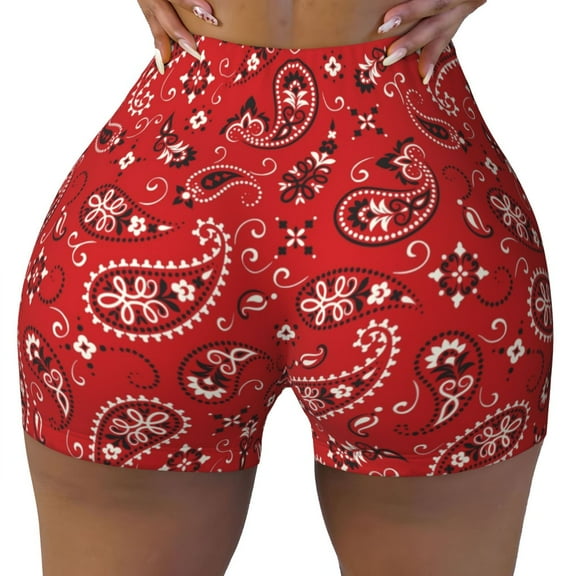 Seamless Workout Shorts Women - Red Paisley Floral Biker Gym Running Yoga Spandex Shorts for Women