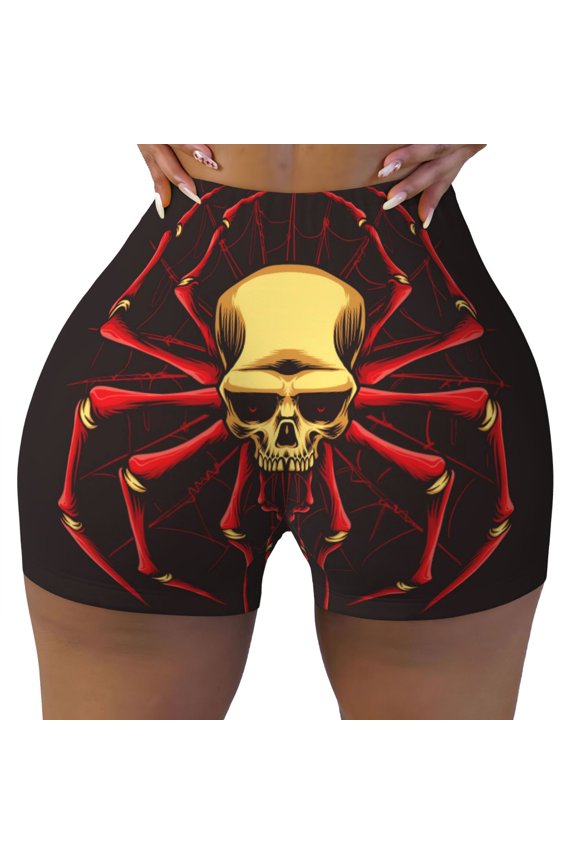 Seamless Workout Shorts Women - Red Skull Spider Biker Gym Running Yoga Spandex Shorts for Women