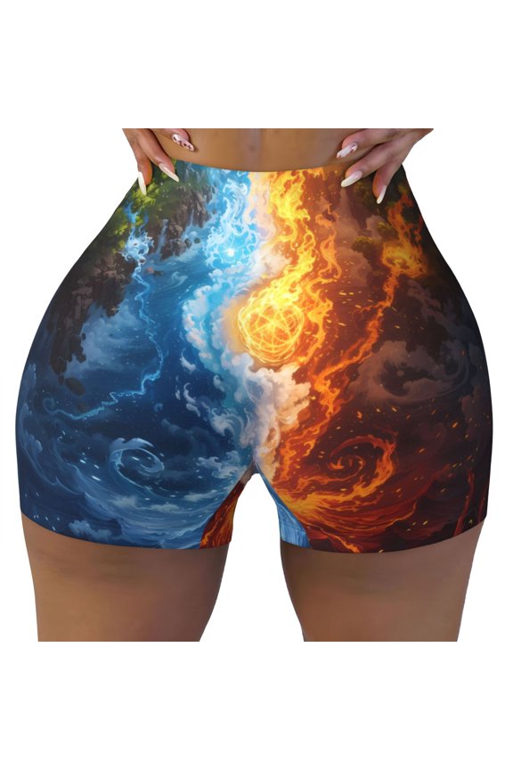Seamless Workout Shorts Women - Red and Blue Flame Waves Biker Gym Running Yoga Spandex Shorts for Women