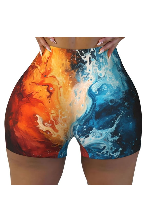 Seamless Workout Shorts Women - Red and Blue Waves Biker Gym Running Yoga Spandex Shorts for Women