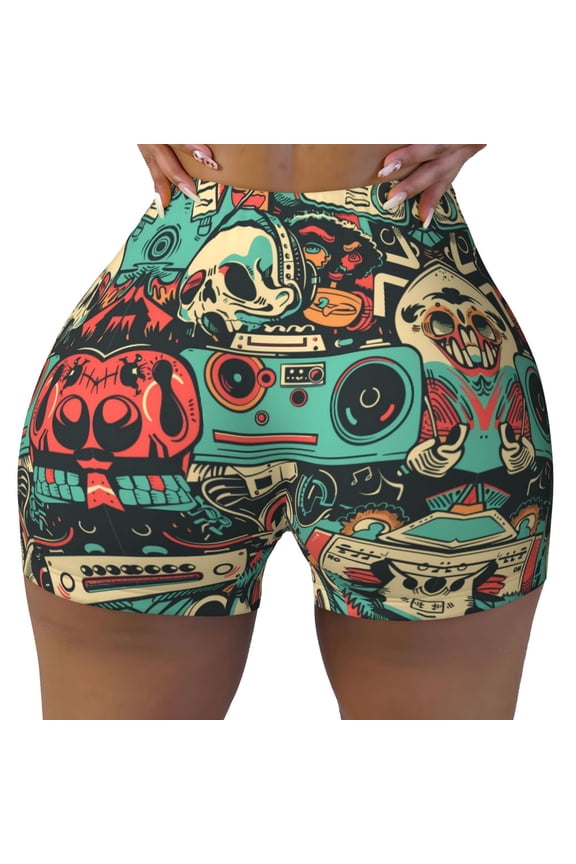 Seamless Workout Shorts Women - Retro Pop Art Collage Biker Gym Running Yoga Spandex Shorts for Women