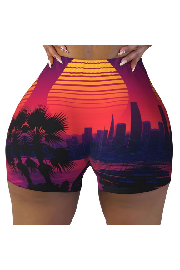 Seamless Workout Shorts Women - Retro Sunset Cityscape Biker Gym Running Yoga Spandex Shorts for Women