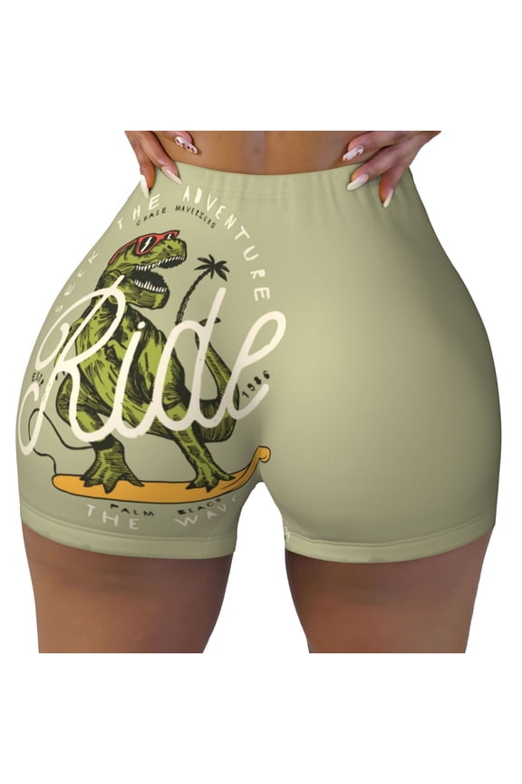 Seamless Workout Shorts Women - Ride The Wave Dinosaur Surfer Biker Gym Running Yoga Spandex Shorts for Women