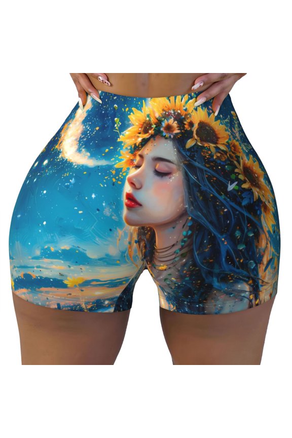 Seamless Workout Shorts Women - Romantic Moon Sunflower Woman Biker Gym Running Yoga Spandex Shorts for Women